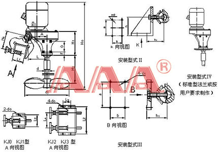 概述: 该机型属可移式小型搅拌减速机,采用单级硬齿面斜齿圆柱齿轮传动,配有不同型式的安装支架通过调节支架,可实现垂直、倾斜及水平安装等多种位置的安装。该搅拌机一般配置高转速搅拌器,如ZHX、TXL等,用于敞口容器;还可以配置叶片自动会展式搅拌器用于开口很小的容器。搅拌轴的连接可采用套筒或螺纹式刚性联轴器,也可以将输出轴加长直接做搅拌轴使用。 KJ系列搅拌机及安装方式示意图 搅拌机选型表